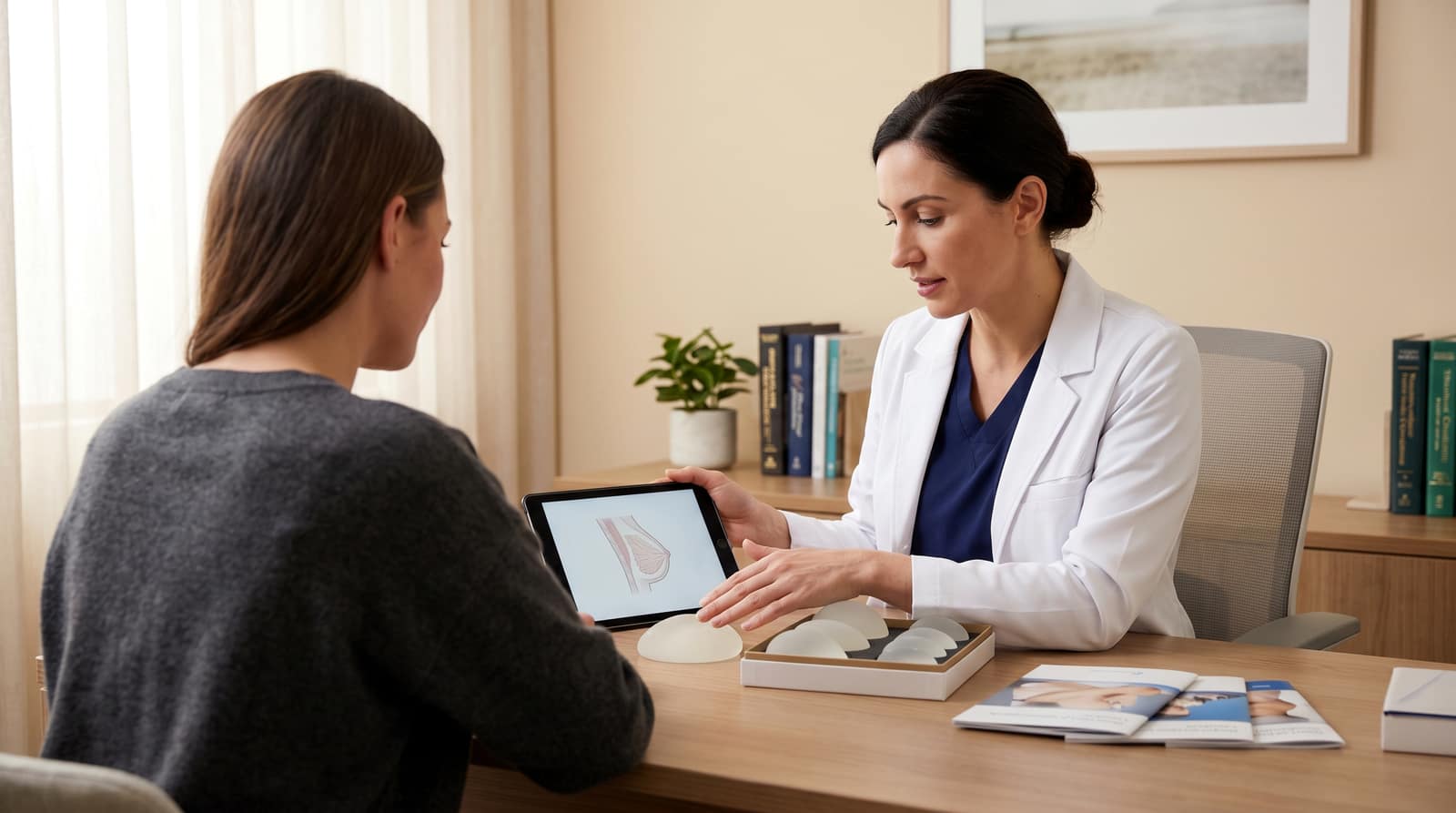 Médica en consulta explicando un tratamiento a una paciente en una clínica estética premium